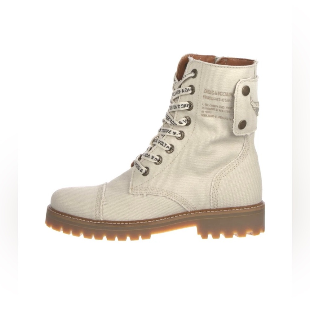 Zadig & Voltaire Beige Canvas Lace-Up Combat Boots - Picture 3 of 5